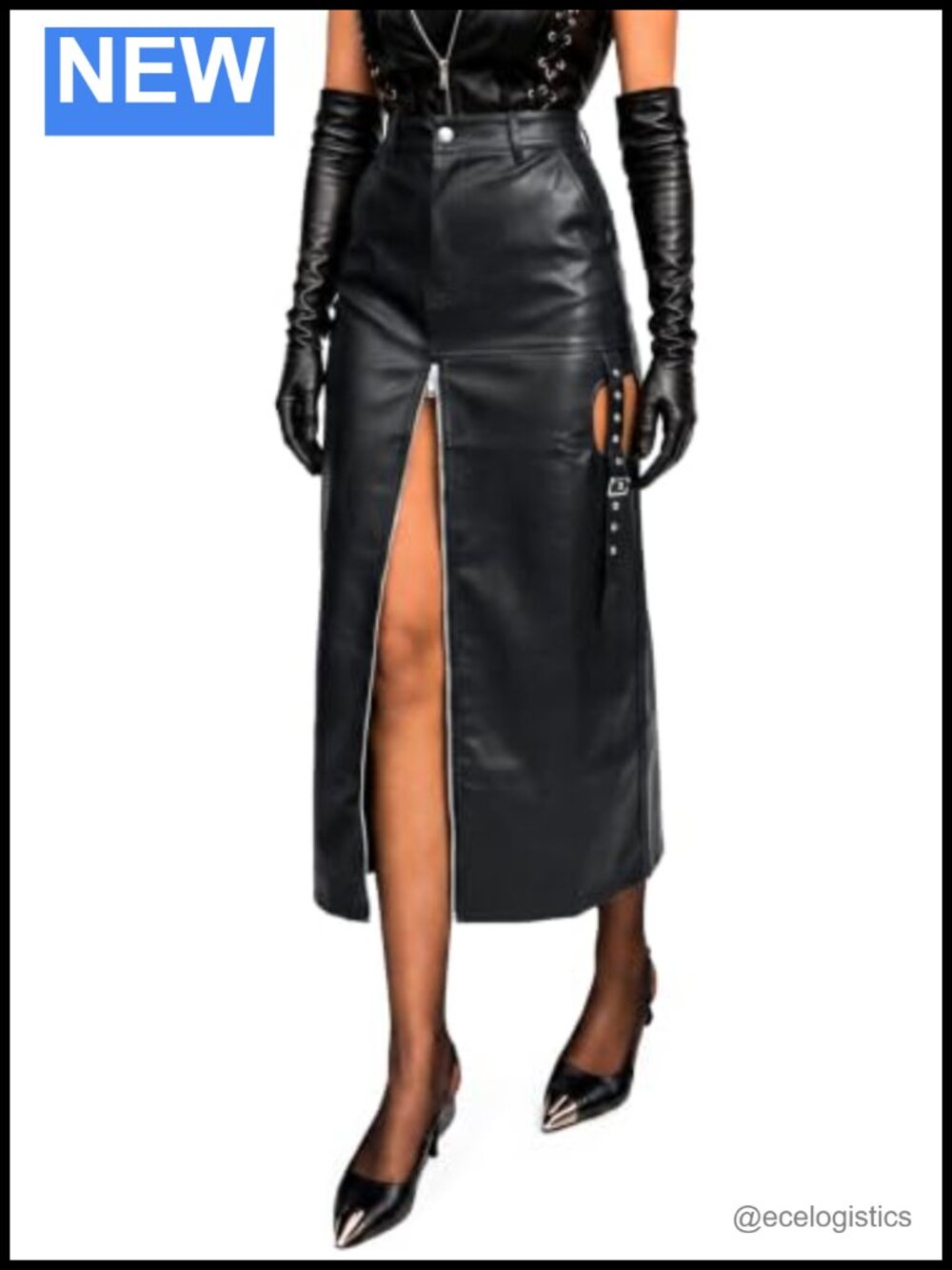 Faux Leather Zip Up Maxi Skirt High Waist Slit